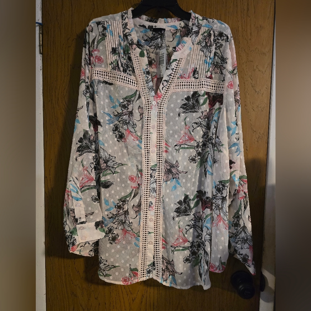 Torrid Pink and Black Long Sleeve Blouse with Mandarin Collar